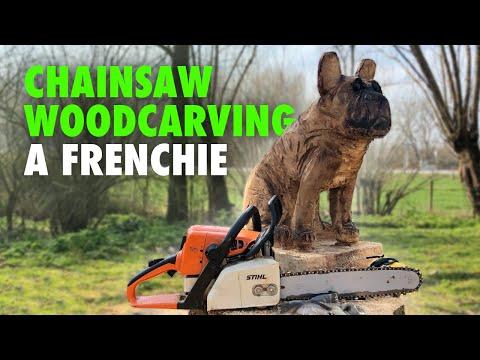 Chainsaw Woodcarving a Dog French Bulldog - How to carve a Dog using a Chainsaw and stencils.