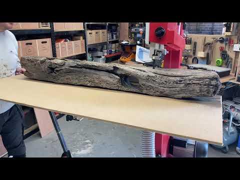 Cutting the driftwood on the bandsaw