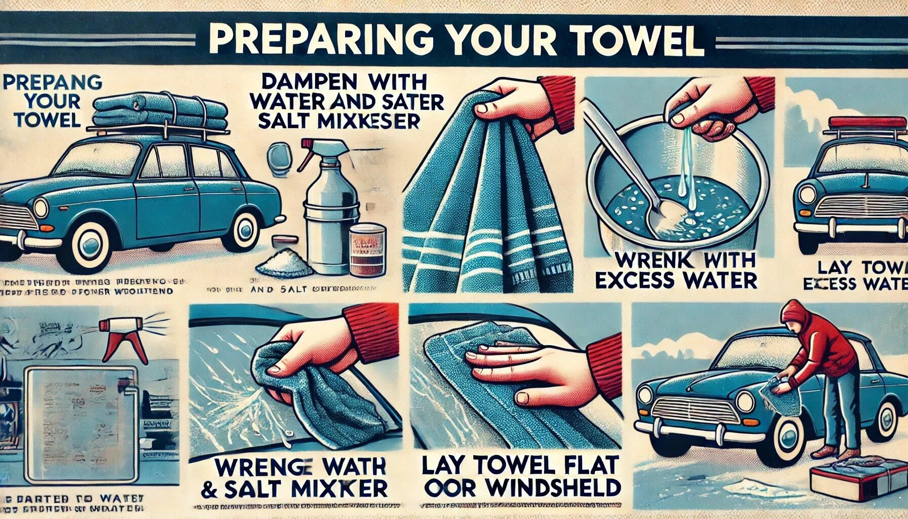 DALL&middot;E 2024-07-04 05.26.25 - A detailed illustration titled 'Preparing Your Towel'. The image shows the steps to prepare a towel for preventing frost on a windshield. It includes .jpg