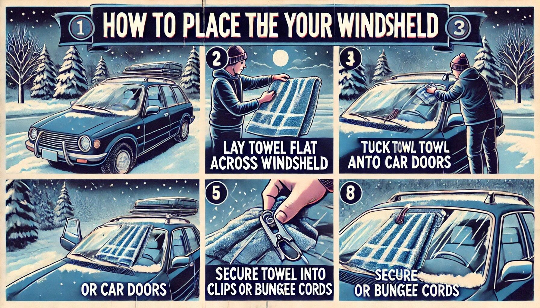 DALL&middot;E 2024-07-04 05.31.03 - A detailed illustration titled 'How to Place the Towel on Your Windshield'. The image shows step-by-step instructions for placing a towel on a car's w.jpg