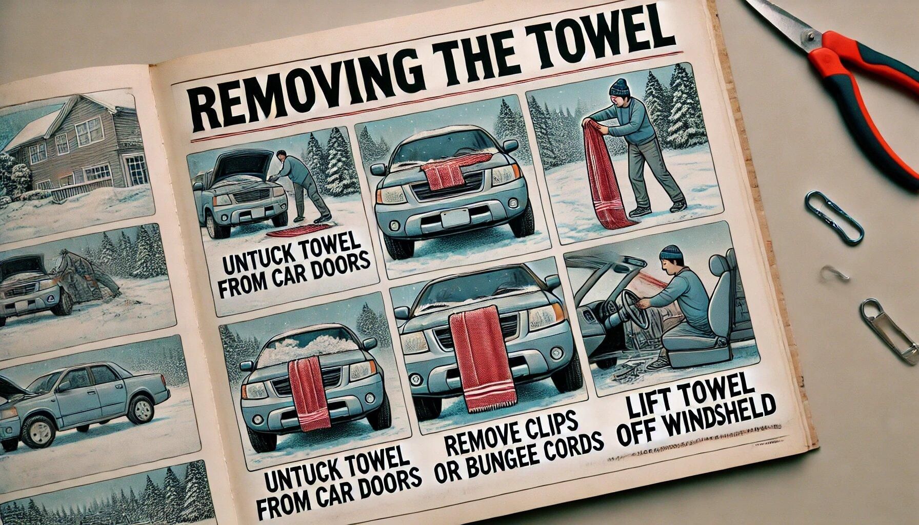 DALL&middot;E 2024-07-04 05.38.25 - A detailed illustration titled 'Removing The Towel'. The image shows a car with a towel being removed from its windshield on a cold morning. Steps inc.jpg