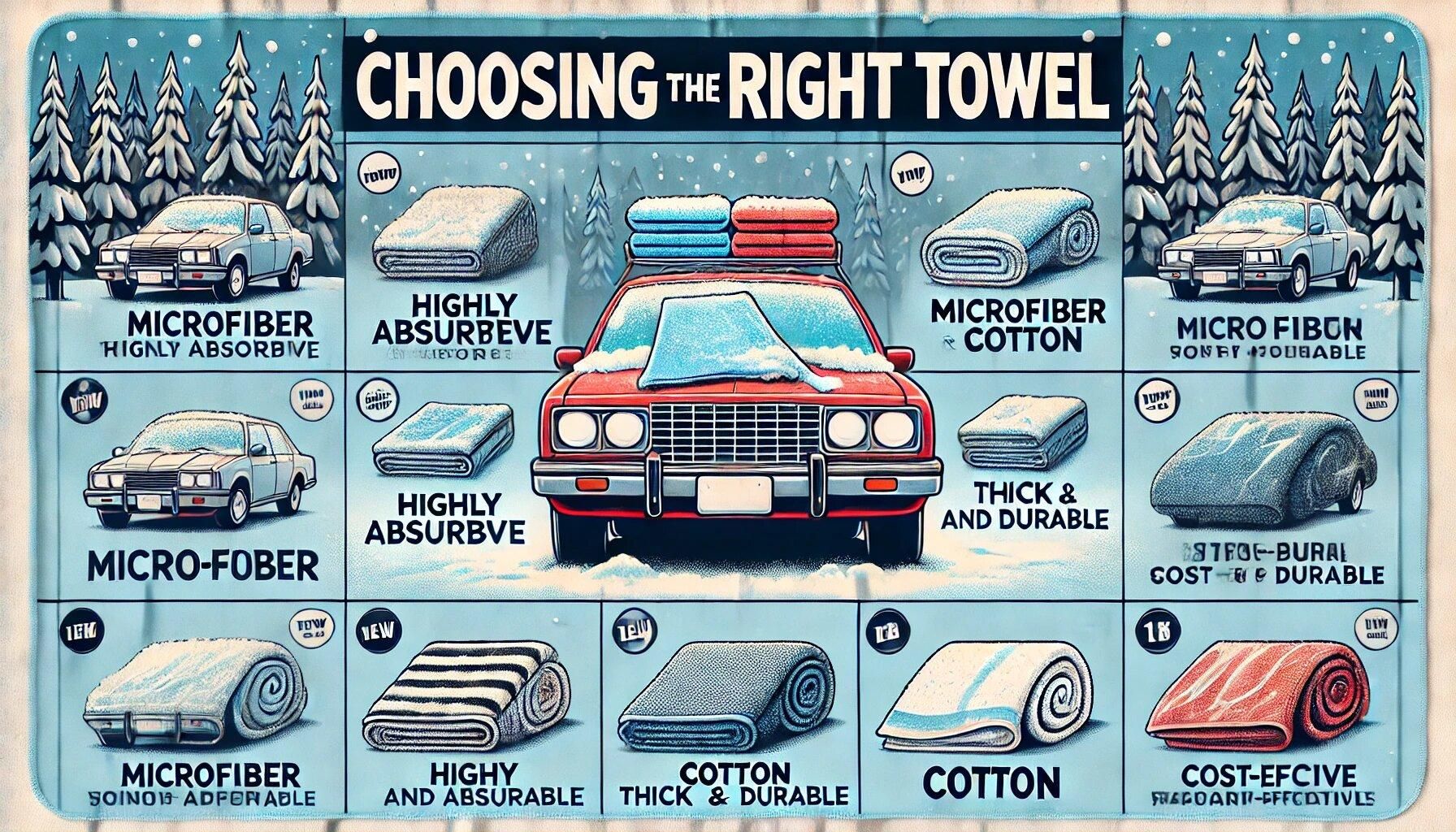 DALL&middot;E 2024-07-04 04.26.49 - A detailed illustration titled 'Choosing The Right Towel'. The image shows different types of towels suitable for preventing frost on windshields, inc.jpg