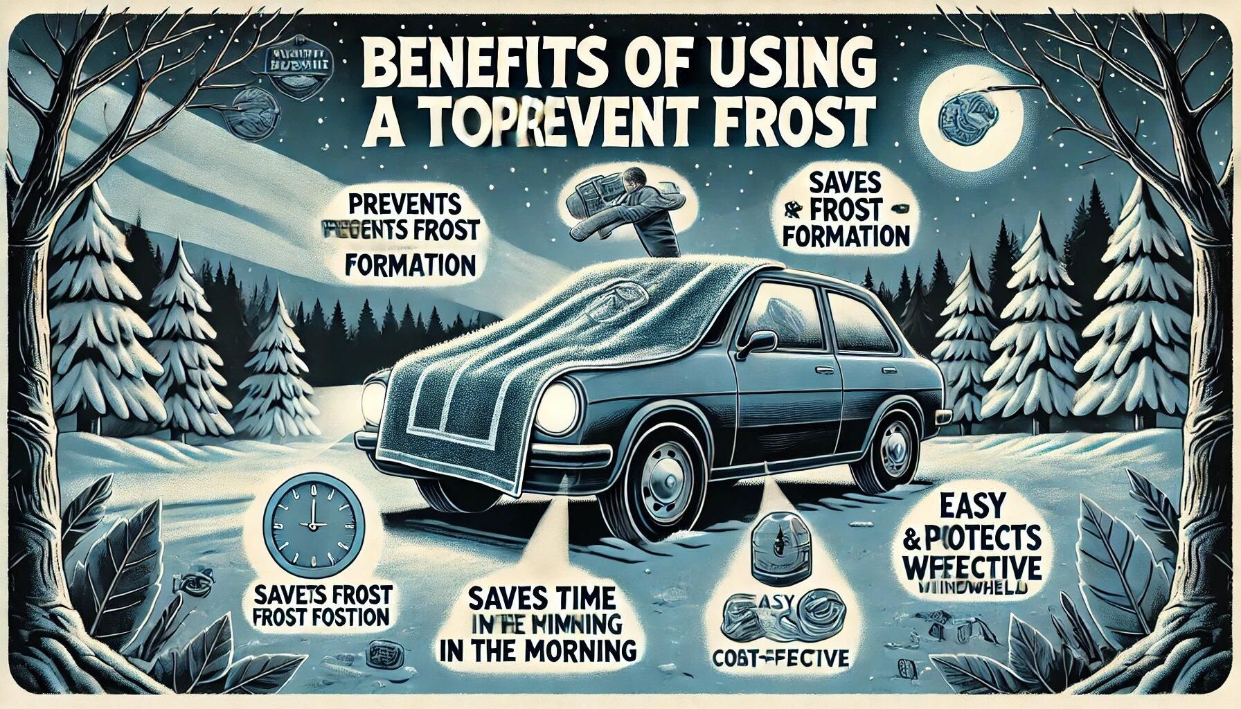 DALL&middot;E 2024-07-04 04.13.31 - A detailed illustration titled 'Benefits of Using a Towel to Prevent Frost'. The image shows a car parked outside on a cold winter night with a large .jpg
