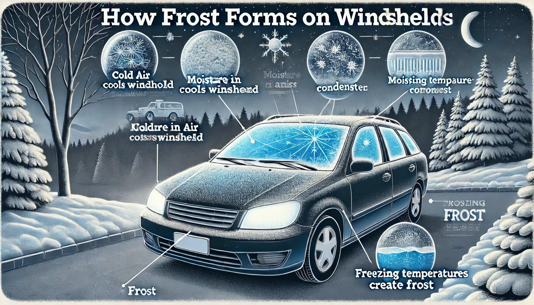 DALL&middot;E 2024-07-04 04.24.38 - A detailed illustration titled 'How Frost Forms On Windshields'. The image shows a car parked outside on a cold winter night with a clear, frosty wind.jpg