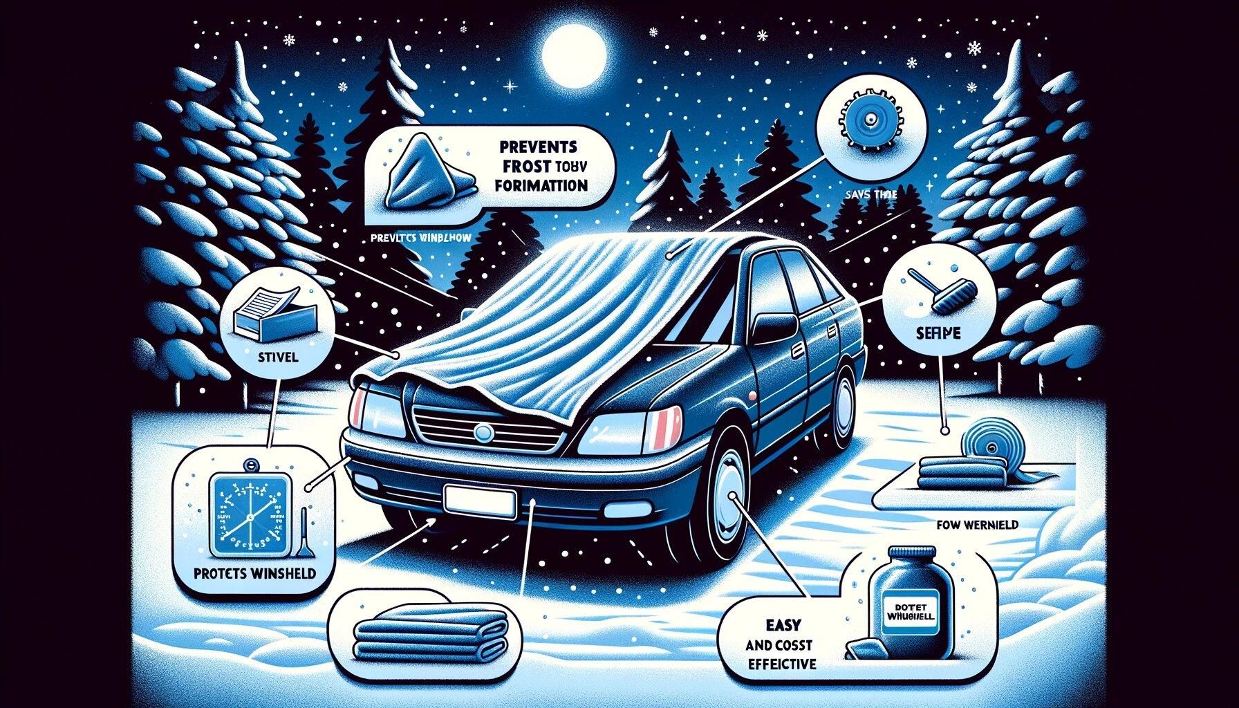 DALL&middot;E 2024-07-04 04.11.28 - A detailed illustration titled 'Benefits of Using a Towel to Prevent Frost'. The image shows a car parked outside on a cold winter night with a large .jpg