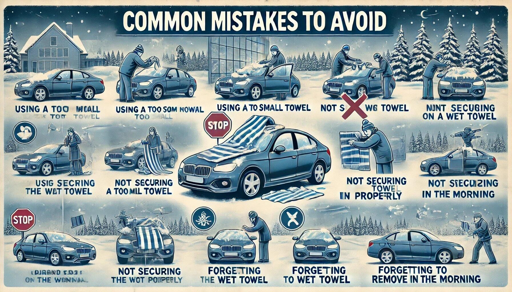 DALL&middot;E 2024-07-04 07.25.59 - A detailed illustration titled 'Common Mistakes To Avoid'. The image shows various scenarios of common mistakes when using a towel to prevent frost on.jpg