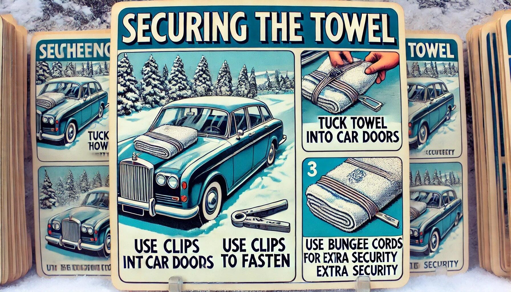 DALL&middot;E 2024-07-04 05.34.51 - A detailed illustration titled 'Securing The Towel'. The image shows a car with a towel placed on its windshield, demonstrating how to secure it prope.jpg