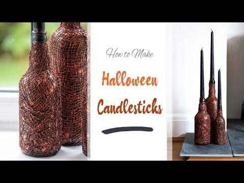 DIY HALLOWEEN CANDLE DISPLAY | Recycled Wine Bottle Candlesticks | Easy Decor