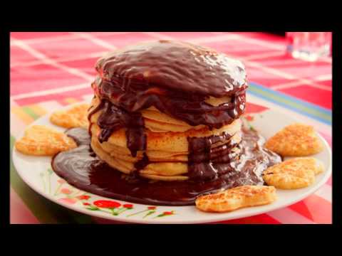 Homemade american pancakes with chocolate and condensed milk