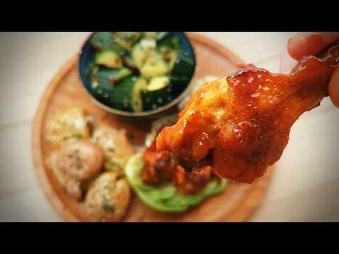 Hot wings with smashed potatoes &amp; cucumber salad