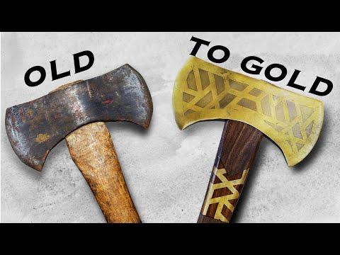 Restoration of an Old Rusty Collins Axe // Woodworking, Brass plating &amp;amp; Metal etching.