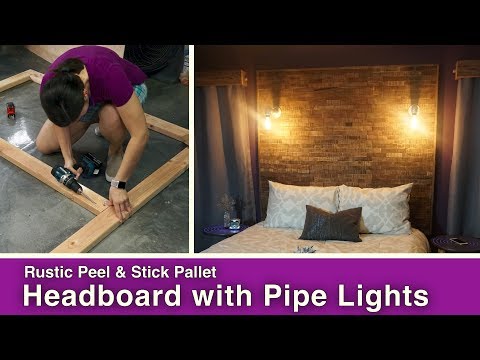 Rustic Peel &amp;amp; Stick Pallet Headboard with Pipe Lights