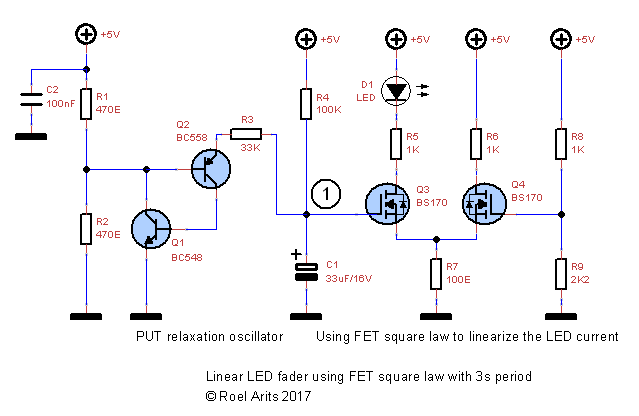 Slow linear LED fader using FET square law.png
