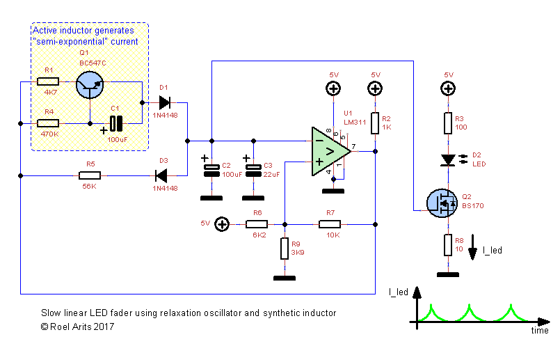 Slow linear LED fader using relaxation oscillator.png