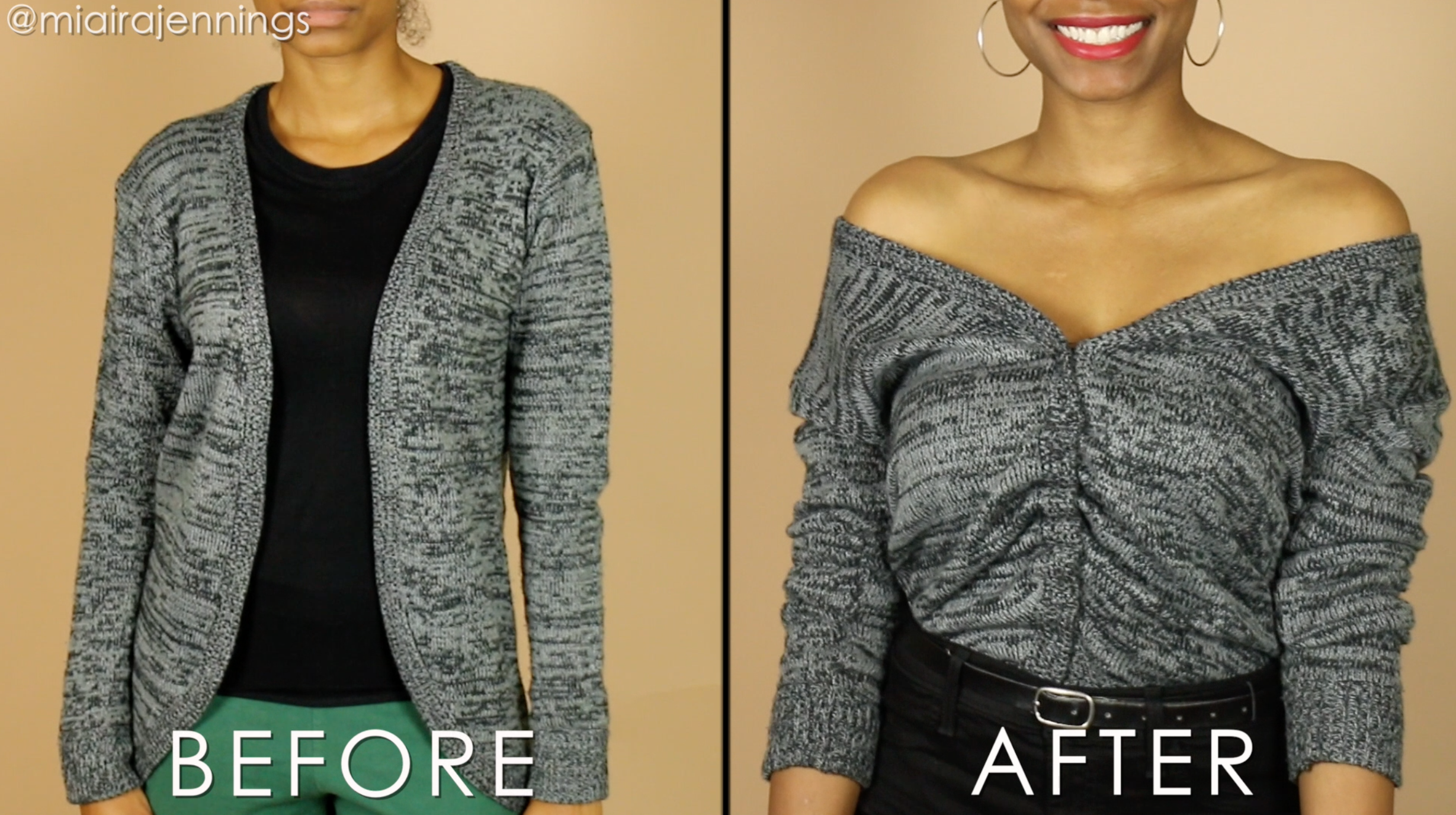 before and after diy off the shoulder ruched sweater top.png