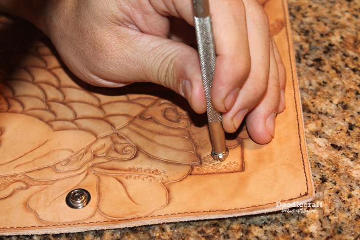 leather tooling carving book cover Asian Koi fish hibiscus flower waves (18).JPG