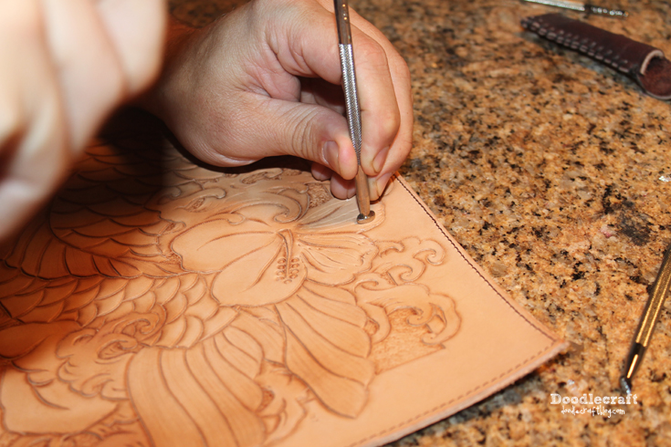 leather tooling carving book cover Asian Koi fish hibiscus flower waves (19).JPG