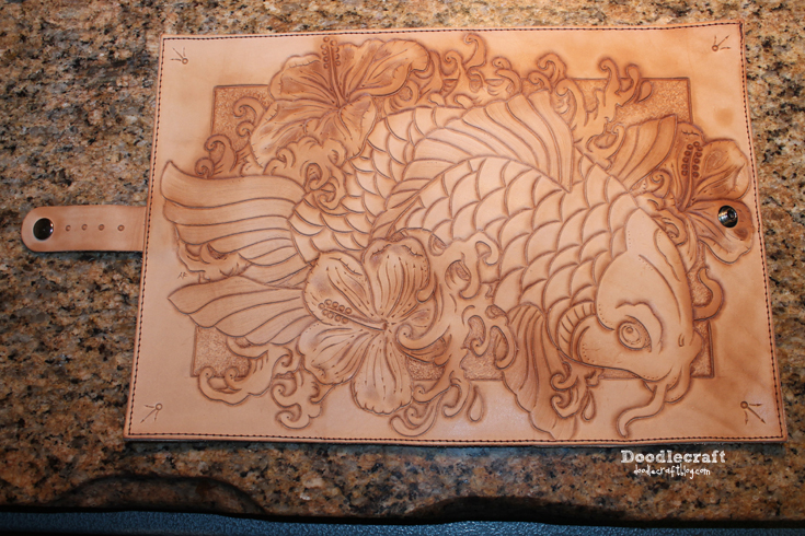 leather tooling carving book cover Asian Koi fish hibiscus flower waves (22).JPG