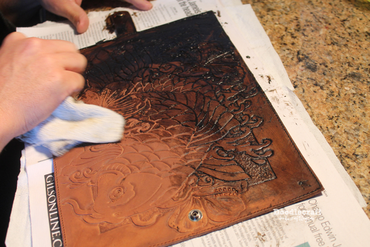 leather tooling carving book cover Asian Koi fish hibiscus flower waves (24).JPG