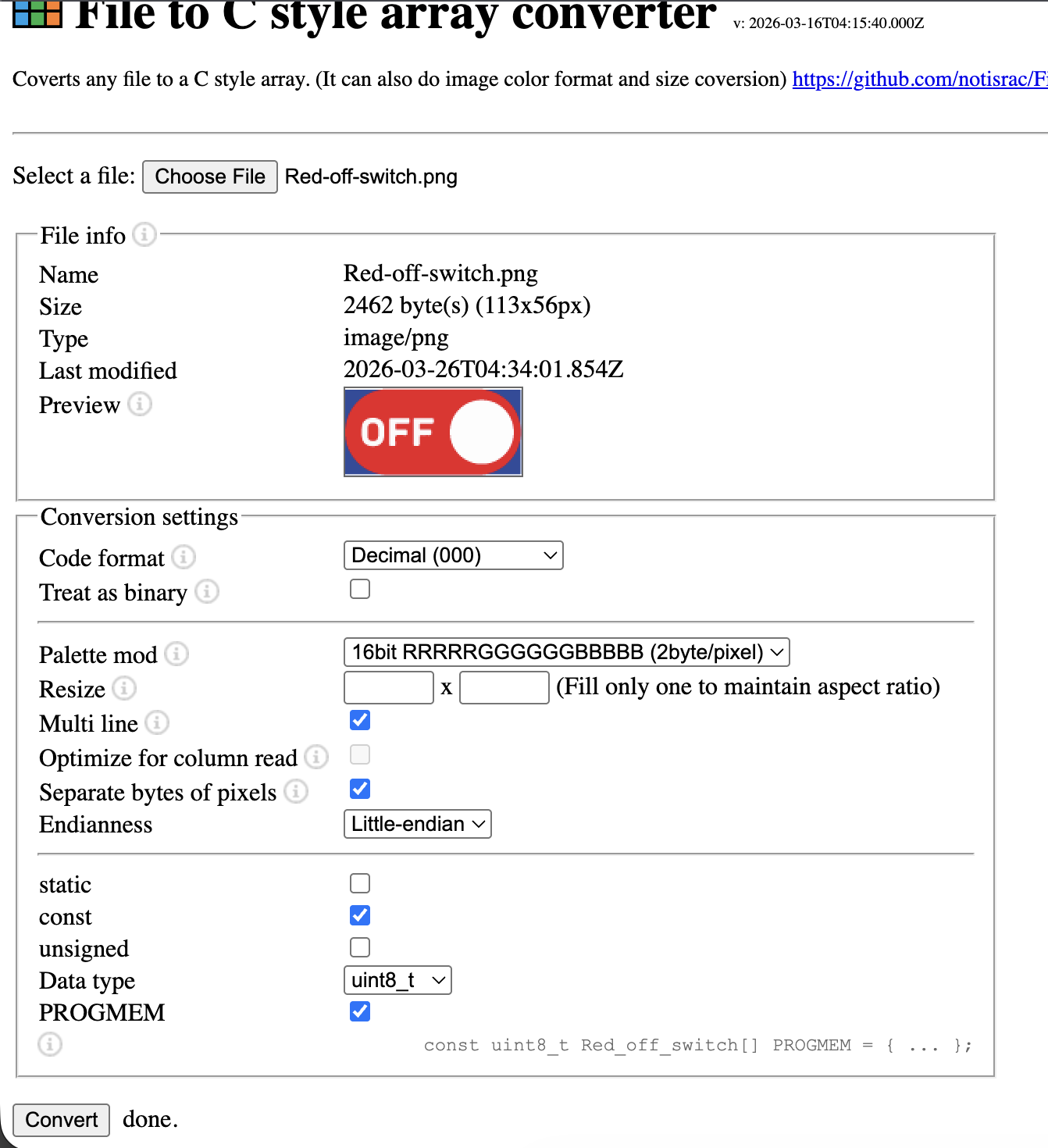 parameters to generate c code from image unihiker k10.png