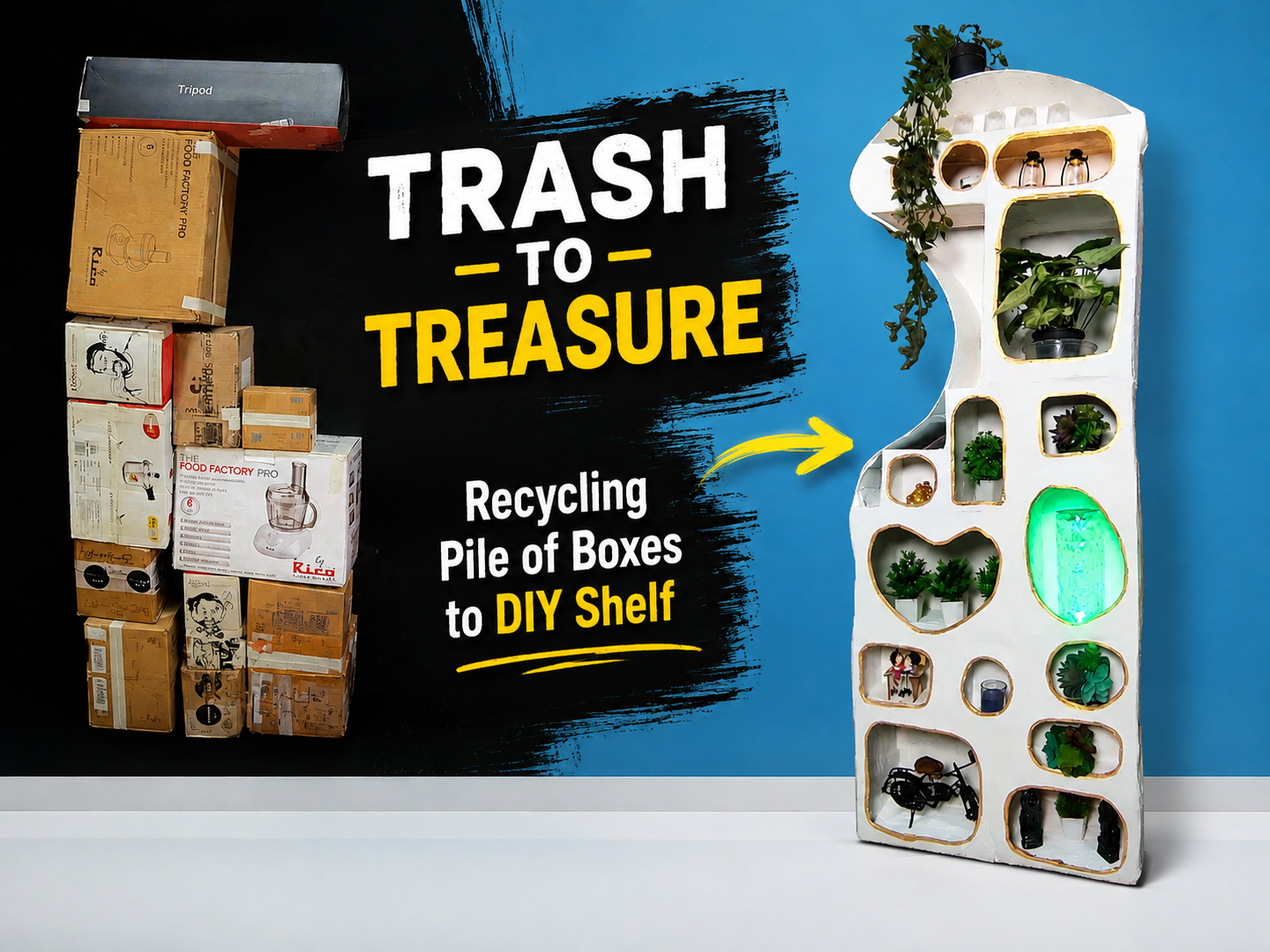 trash to treasure - recycling pile of boxes to DIY shelf.png