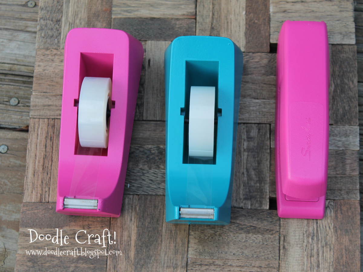 upcycle office supplies tape rolls dispenser stapler colored poppin pink and turquoise.jpg
