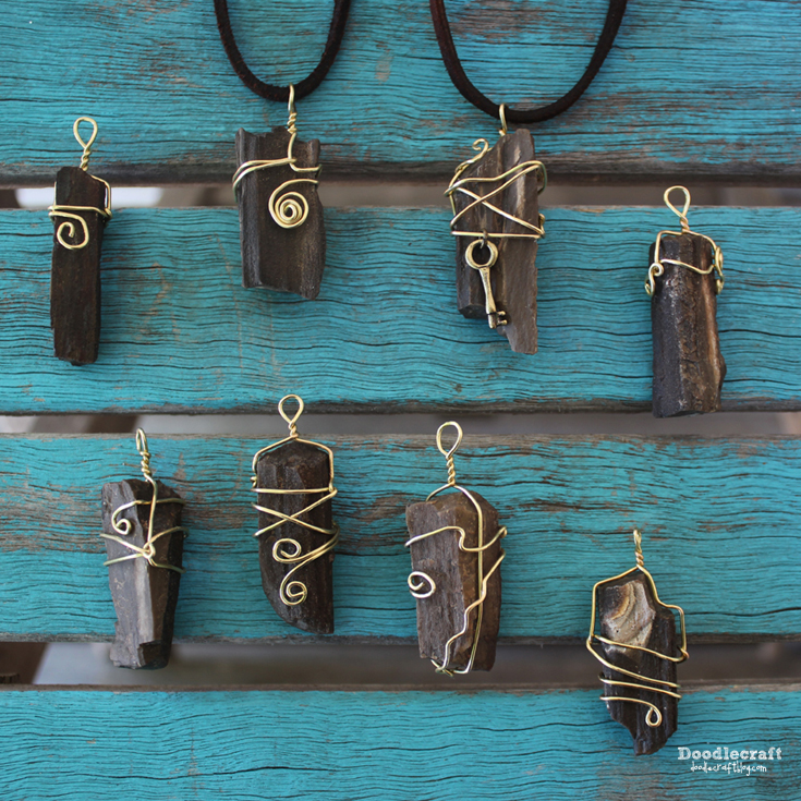 wire wrapped pendant necklaces rocks petrified wood gold leather (5).JPG