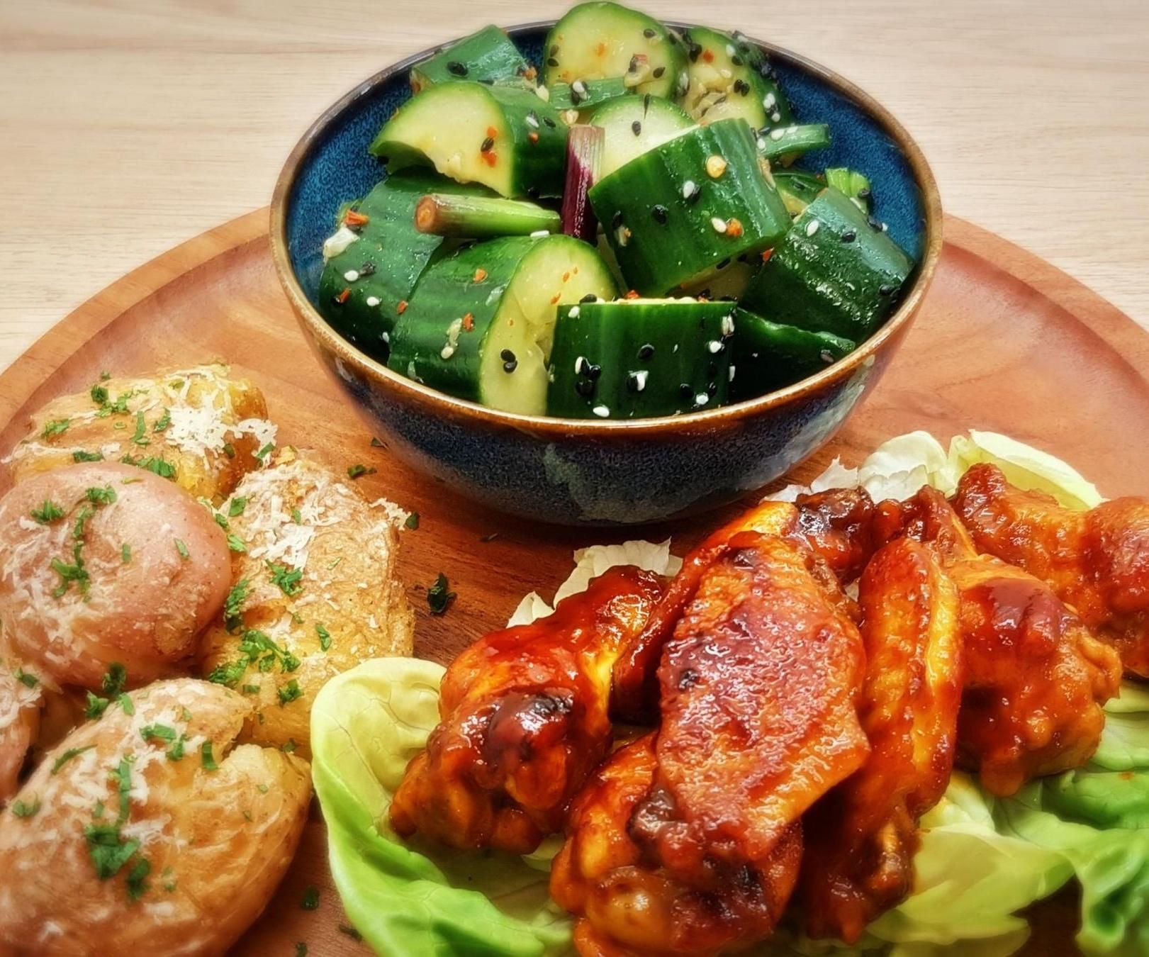 How to Make Hot Wings With Smashed Potatoes & Cucumber Salad