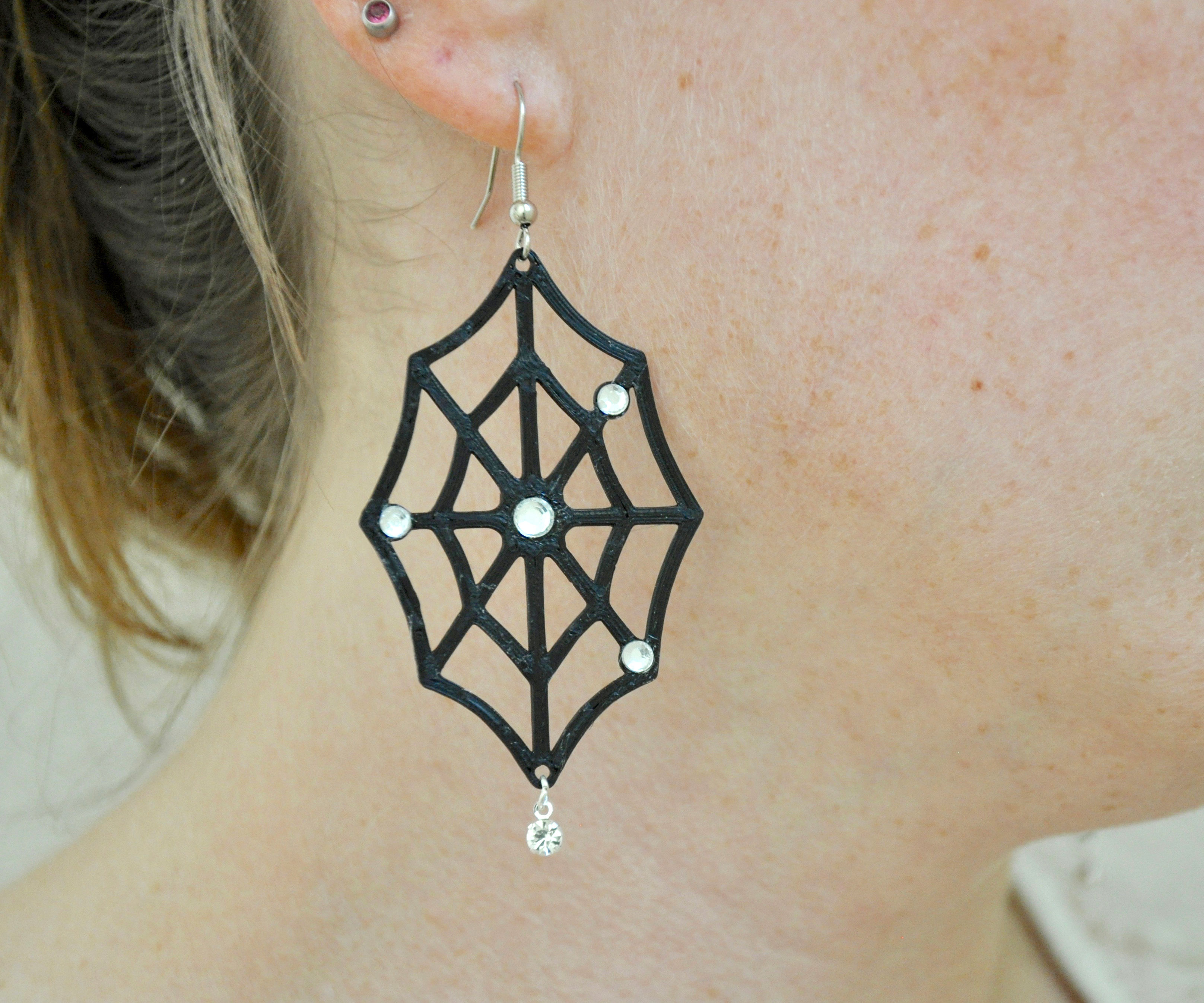 Rhinestone and 3D Print Spider Web Earrings