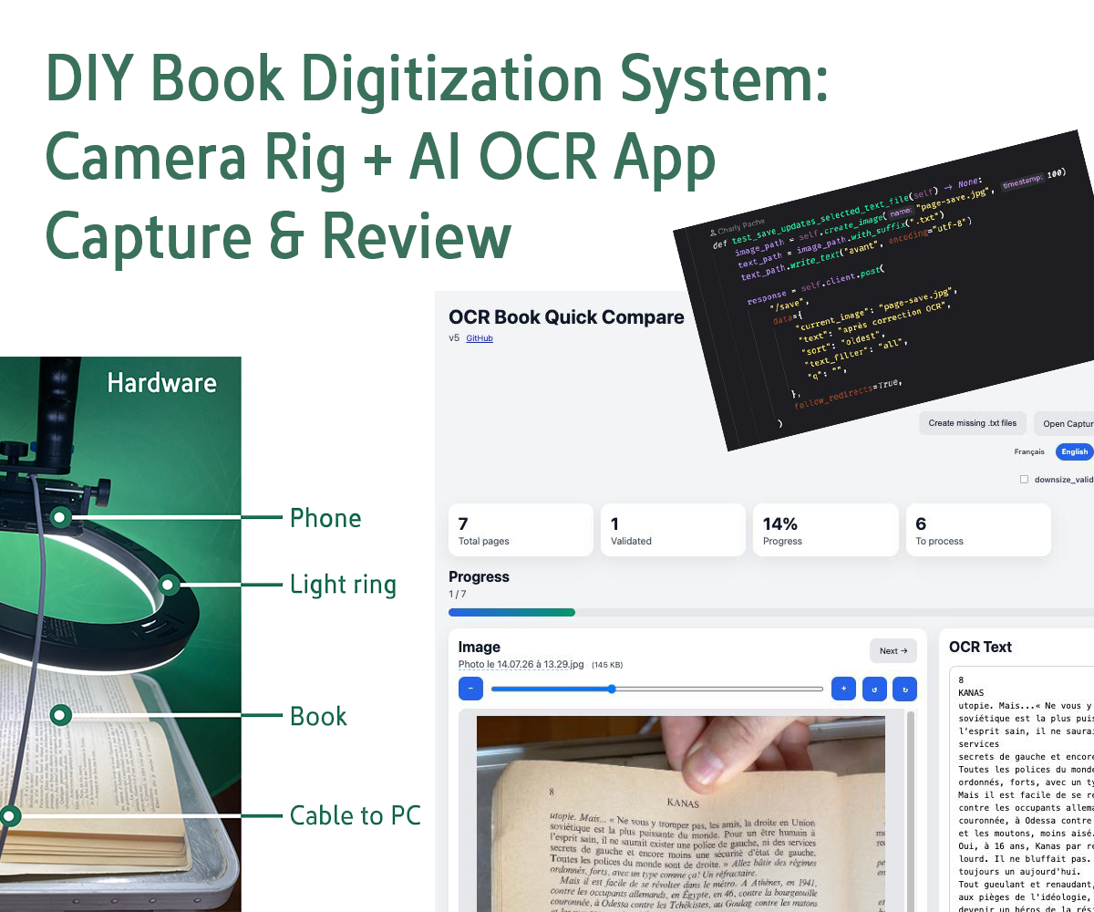 DIY Book Digitization System: Camera Rig + OCR App to Capture and Review
