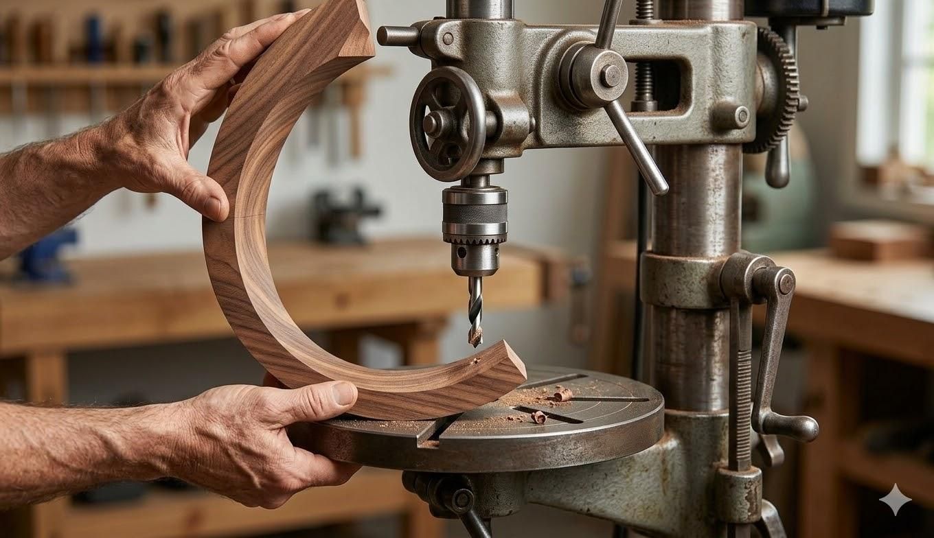 Using a drill press, drill a hole halfway into the center of the base and another into the bottom center of the crescent arm to accept the dowel neck.jpg