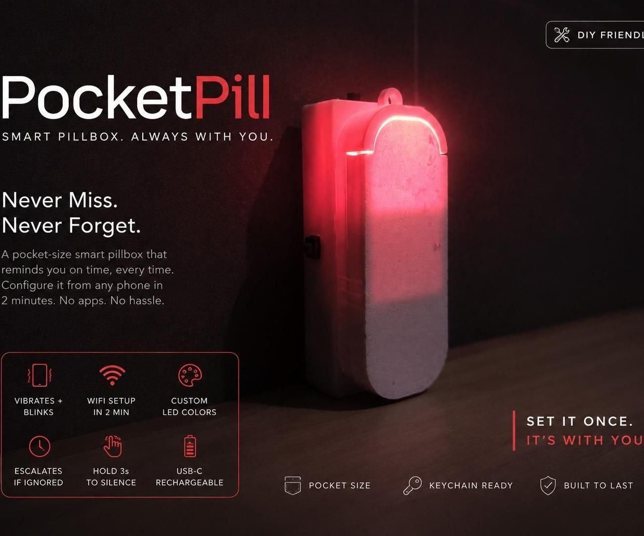 PocketPill — a Pocket-Size Smart Pillbox That Blinks & Vibrates So You Never Miss a Dose