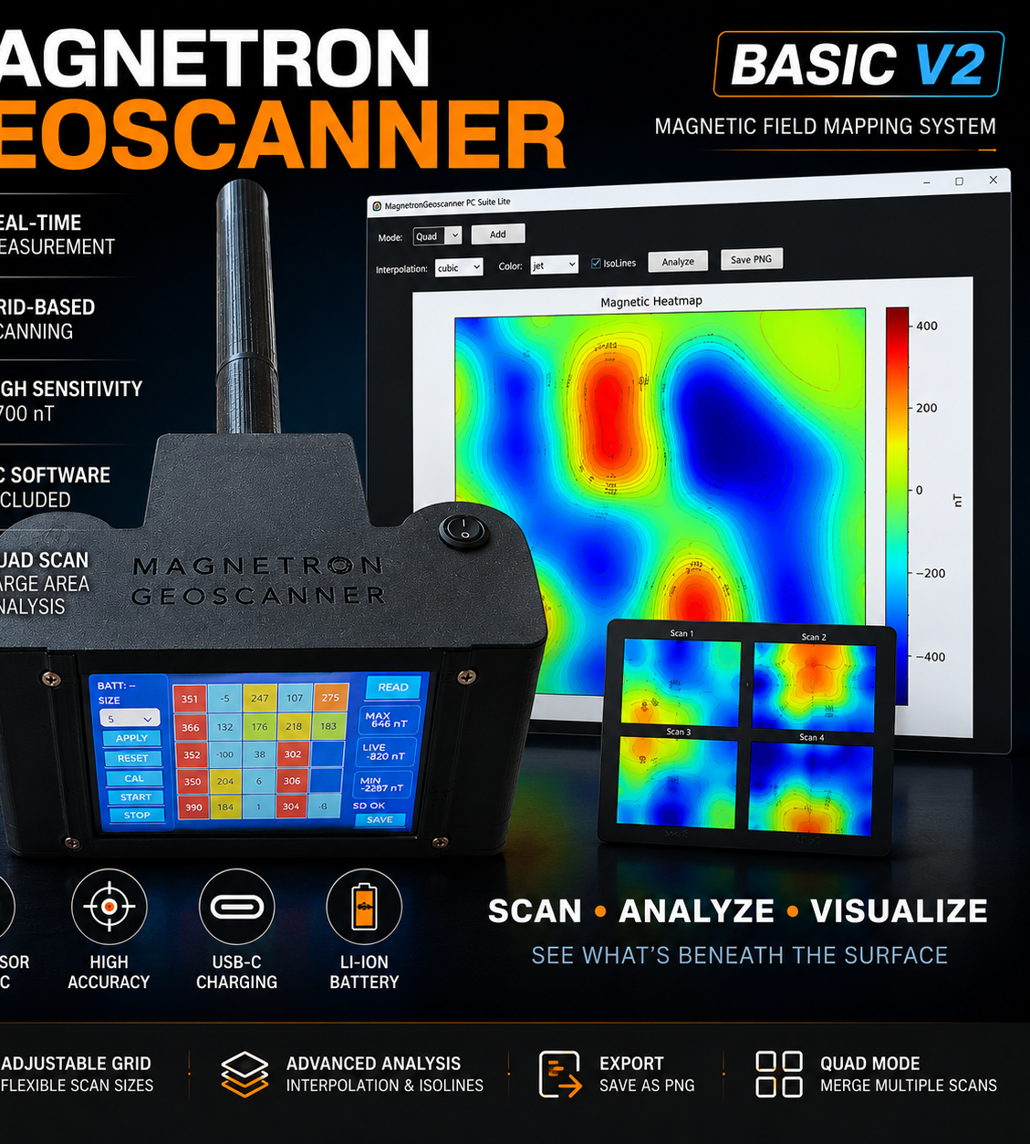 DIY Magnetic Field Mapping Device V2 (High Sensitivity ADS System + PC Analysis Software)