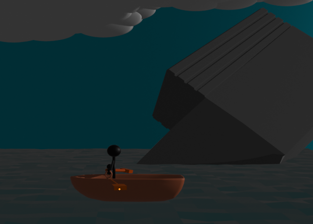 Stickman Rowing a Boat Next to a Crashed Ship.