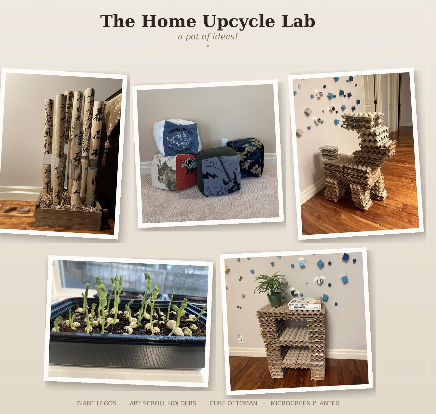 The Home Upcycle Lab: a Pot of Ideas — Giant LEGO, Art Scroll Holders, Cube Ottoman & Microgreen Planter