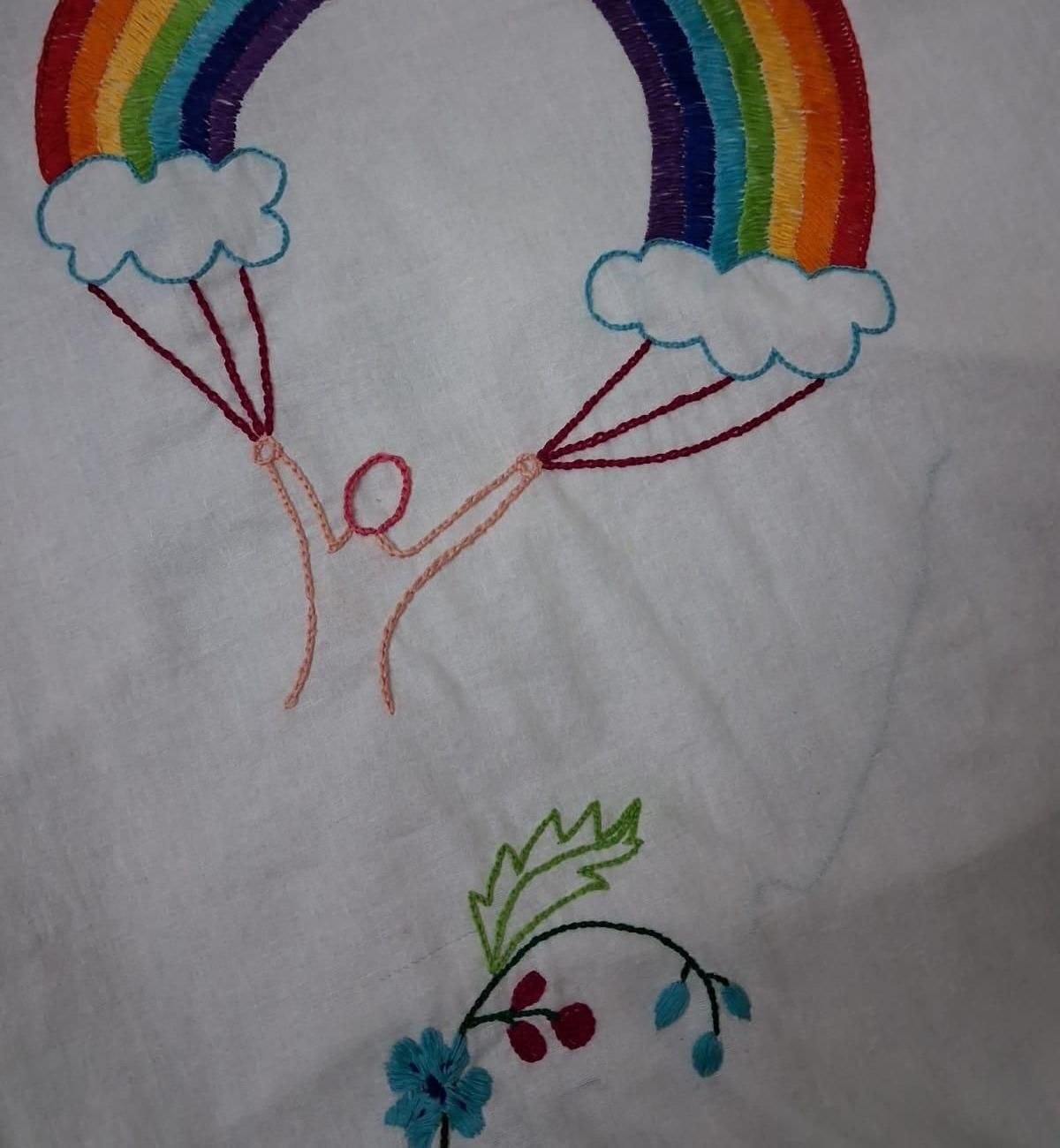 Embroidery Man With a Parachute and Some Flower on a Piece of Cloth