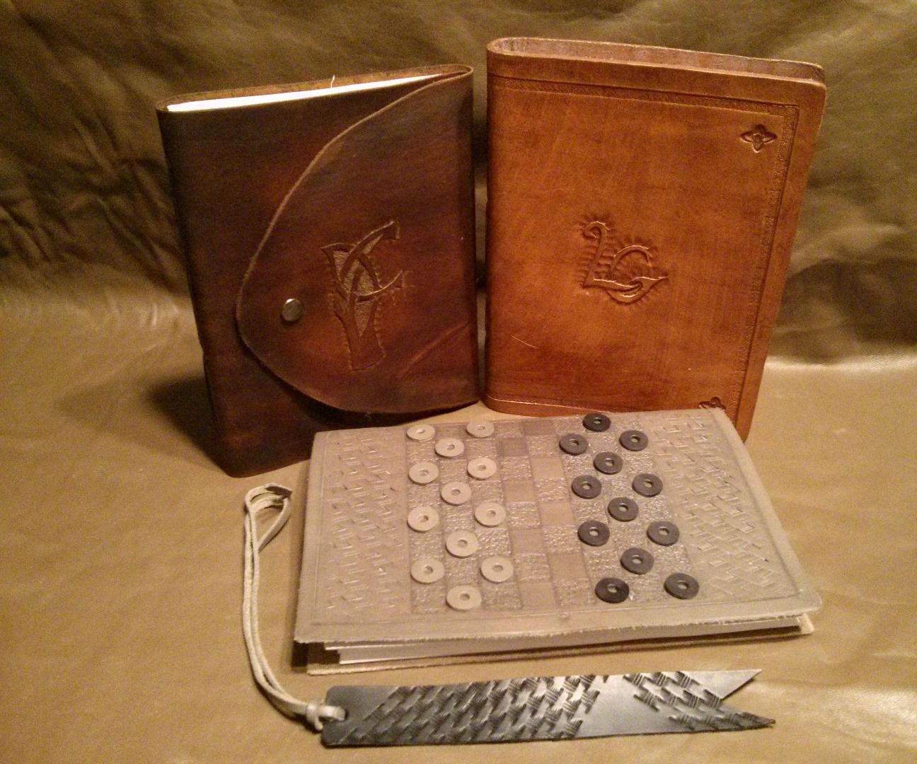 Leather Bound Book With Replaceable Pages and Built in Checkers Game